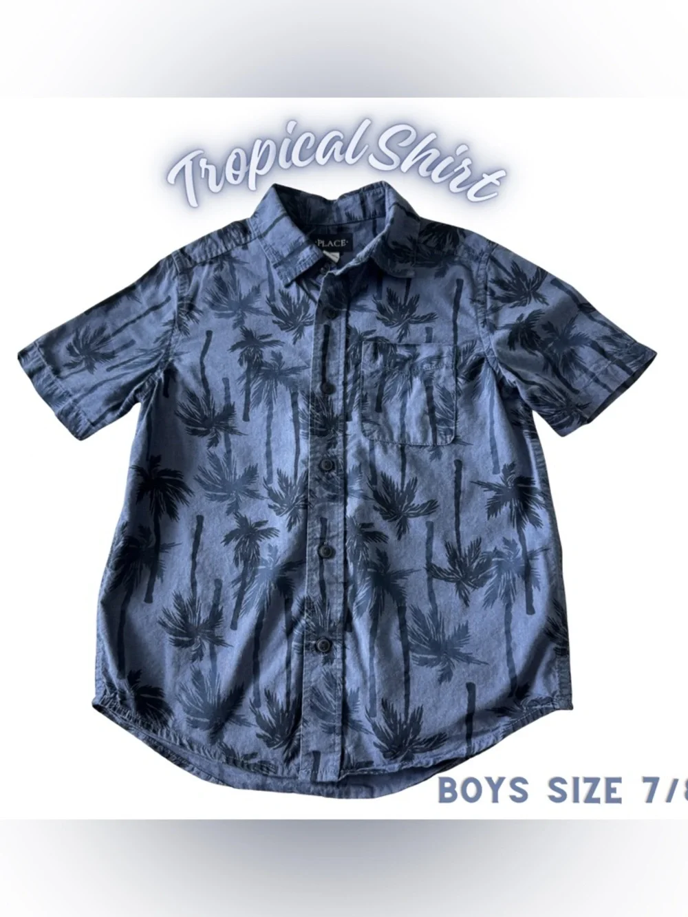 Boys 7/8 The Children’s Place Tropical Palm Tree Print Button Down Shirt Blue VG